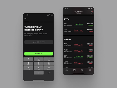 Mobile Trading Platform bonds chart crypto cryptocurrency dark etfs investing ios iphone mobile mobile app neon onboarding stocks trading ui