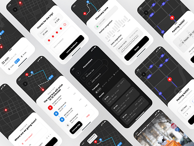 On-Demand Transportation App app application black dark delivery design graphic map mobile navigation onboarding parking route steps taxi transport trip ui ux