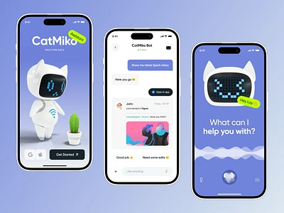 CatMiko - Smart Voice Assistant App 3d 3dbot 3dillustration ai app application ui bot app character chat app concept interface iphone 14 microphone minimal mobile app smart speak ui ux voice voice assistant