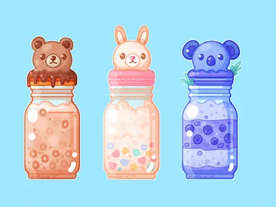 Sweet bottles animal bear blueberry bottle chocolate flakes illustration koala macaroon rabbit sweet