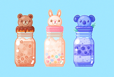 Sweet bottles animal bear blueberry bottle chocolate flakes illustration koala macaroon rabbit sweet