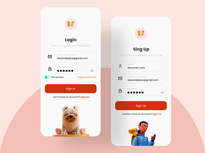 Pet Adoption App - Sign in & Signup 3d app app design app ui card clean illustration login login screen minimal mobile mobile ap onboarding register sign in signup ui ui design ux welcome