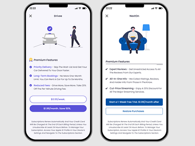 Mobile screens for buying premium subscriptions. app design branding colors design graphic design mobile mobile design mobile screen typography ui ux vector