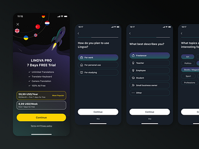 Translator - Mobile App | SalesScreen + UX Onboarding app branding dark design figma graphic design illustration interface ios ios app minimal mobile mobile app onboarding sales screen translator ui user experience ux