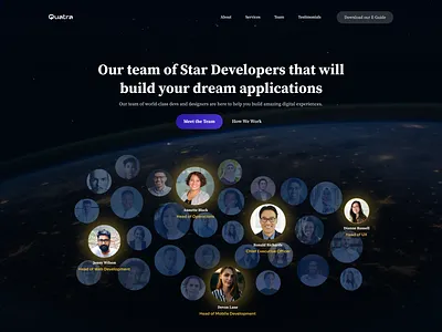 Software Development Agency Website call to action dark dark mode design developers development landing landing page modern software agency space stars trending ui world