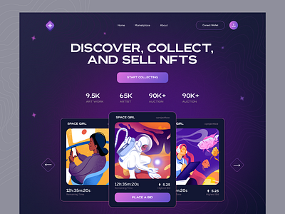 NFT Landing Page afterglow art artwork clean contrast hero homepage illustrations landing minimal nft nft illustration sales ui