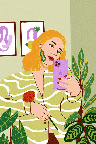 Selfie in the mirror design drawing girl girl and plants girl with plants illustration mirror noise plants procreate selfie