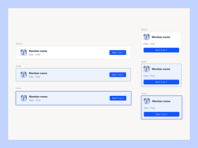 Meeting card 1 on 1 1:1 agenda component states conversation meeting product design ui