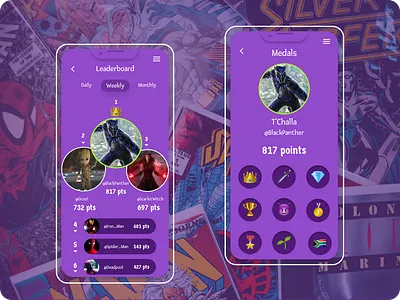 Daily UI Challenge: Leaderboard app blackpanther branding dailyui019 dailyuichallenge design figma icon illustration kingtchalla leaderboard logo marvel marveldesign mobile design spiderman superheroes ui ux vector