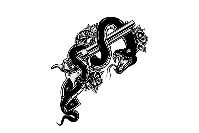 Snake on revolver brand mark design gun poison revolver snake t shirt design tattoo vector vintage viper