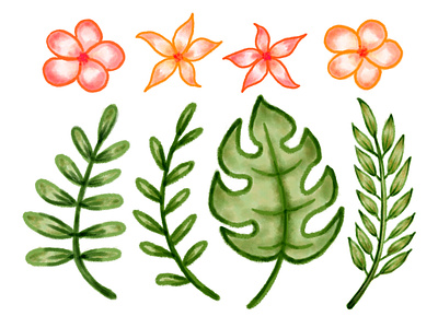 Tropical greenery, leaves and flowers adorable african animals childrens clipart cute graphic illustration kids