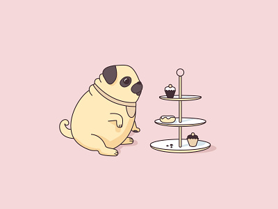 Pug looking at sweets illustration 2d cupcakes cute delicious dog donuts drawing eating fat hungry illustration illustrator line pug puppy thick vector