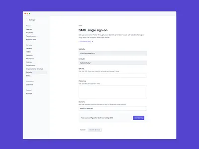 SSO config accounting configuration payroll product design security sso template ui ux web