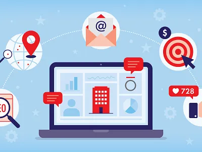 Digital Marketing blue charts digital marketing email gear globe illustration laptop location target