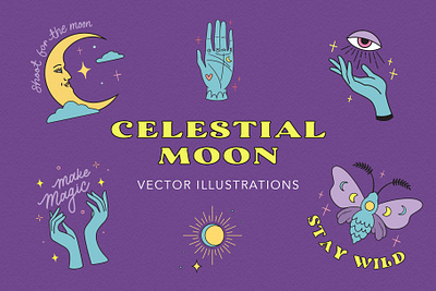 Celestial Moon Vector Illustration Pack ashley santoro draws astrology celestial creative market for sale icons illos illustration lettering line art moon palm reader stars stickers tarot typography vector