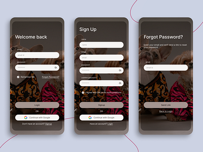 mobile design- login signup password reset | Pet Adoption app branding design login minimal mobile design onboarding password pet registration reset password sign in signin signup ui user experience user interface ux vector
