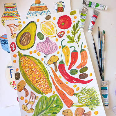 Vegatables art drawing food gouache hand drawn illustration kitchen painting vegan vegetables