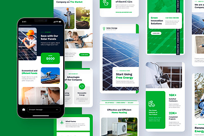 Solar Energy Instagram Post and Story Template canva template download electricity engineer figma template figma ui design green energy instagram instagram post instagram stories instagram story instagram template instagram ui design iphone photoshop template photovoltaic plumbing renewable solar energy solar panels