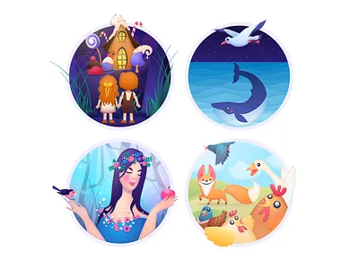 Illustrations for Fairy Tales 2d bedtime stories bird chicken chicken little fox hansel and gretel illustration snow white tale the bird and the whale whale