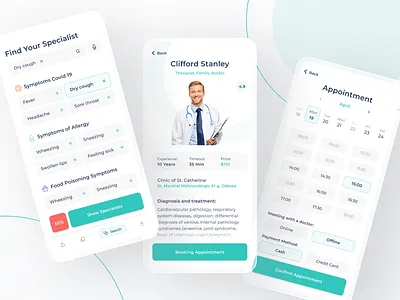 Medical App allergy app appointment clinic covid19 design diagnosis doctor dry cough family food poisoning headache icon illustration ios medical specialist symptoms ui ux