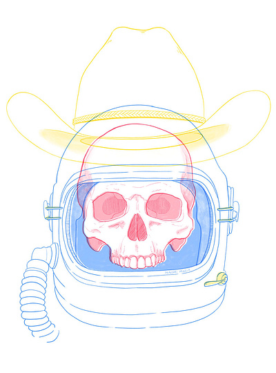 Space cowboy of sorts astronaut cowboy digital illustration drawing editorial illustration line drawing retro scifi skull space tattoo