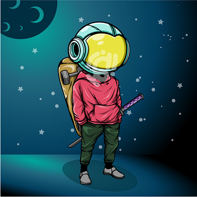 COOL POSE ASTRONAUT WITH SKATEBOARD AND SWORD ILLUSTRATION art astronaut character design doodle illustration style vector