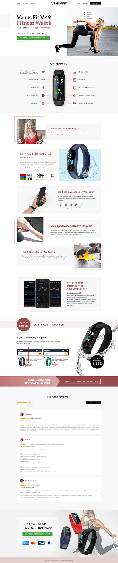 Fitness Watch Single Product Landing Page and Website branding design freelancer web designer illustration single product smart watch website design website