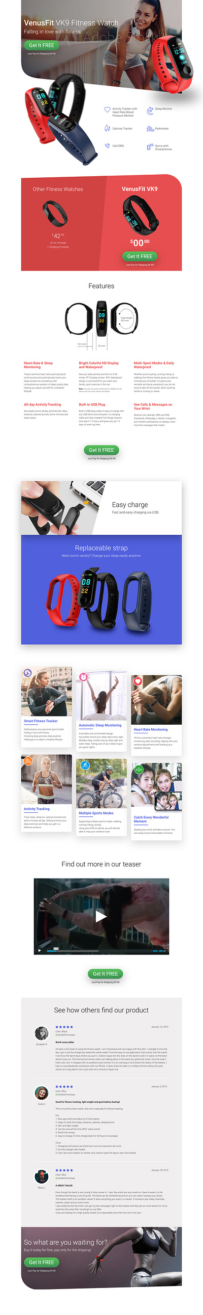 Fitness Watch Single Product Landing Page and Website branding design freelancer web designer gohighlevel (ghl) graphic design html illustration landing page design logo ui