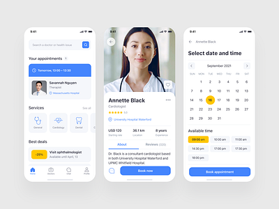 Doctor Appointment Mobile App app app design appointment appontment calendar clean clinics design doctor doctors health health app home iphone medical medical app medicine minimal profile ui