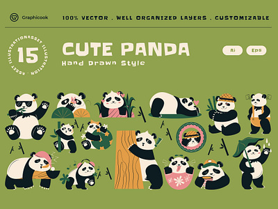 Cute Panda Hand-Drawn Illustration Set animal bamboo cartoon panda clipart cute flat graphicook graphicook studio hand drawn illustration landing page panda panda cartoon panda hand drawn panda illustration ui ux