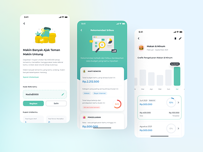Sribuu - Invite Friends, Recommendation, and Manage The Budget card design expenses expenses management expenses manager graphic green illustration insight invite friends minimal mobile mobile app mobile design money management percentage recommendation report ui ux