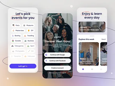 Events & meetups app design authorization categories clean cover events gradient layout logingoogle mobileapp registrationmobile tags ui