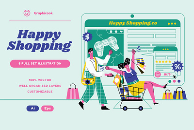 Happy Shopping Illustration Set cart clipart colorful discount geometric graphicook graphicook studio illustration landing page online shop online shopping playful promo promotion sale shop shopping store ui ux