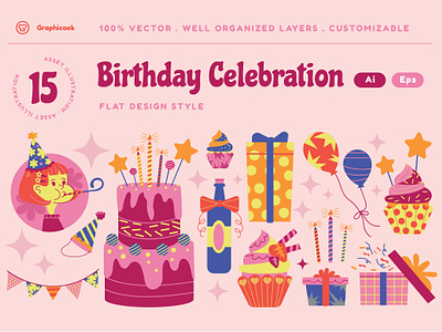 Birthday Celebration Flat Design Illustration birthday birthday celebration birthday party cake celebration clipart cupcake gift gift decoration graphicook graphicook studio illustration landing page party ui ux