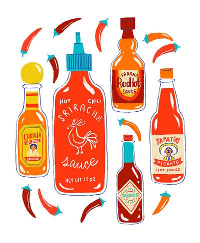 Hot Sauce & Chili Peppers art artwork digital art digital illustration digital painting food and beverage food art food artist food illustration hot sauce illo illustration pattern design procreate surface design