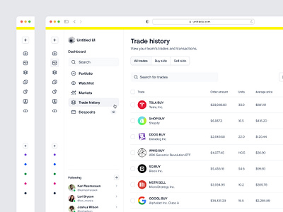 Trade history — Untitled UI binance brokerage coinbase dashboard filters fintech navigation product design saas sidebar sidenav stake table tabs trading platform ui ui design user interface ux ux design