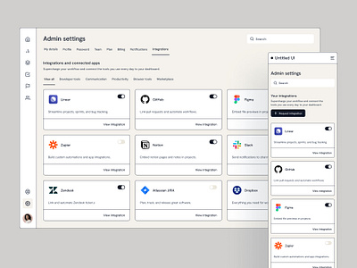 Integrations settings page — Untitled UI admin cards dashboard figma integrations minimal minimalism navigation preferences product design saas settings sidebar sidenav tabs toggle ui design user interface ux design web app