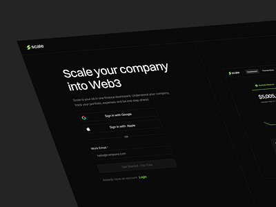 Scale: Login & Signup Page banking dark design digital bank finance green layout login onboarding product scale signup typography ui user ux wallet web web3 website