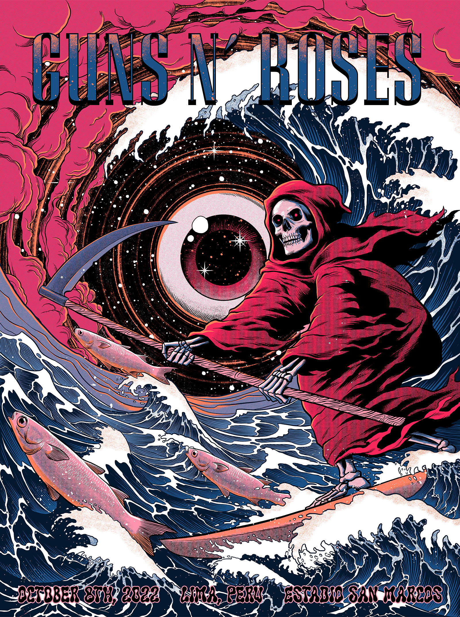 Guns N' Roses death eye fish gig gig poster graphic design grin reaper music poster reaper skull surf surfing wave