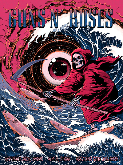 Guns N' Roses death eye fish gig gig poster graphic design grin reaper music poster reaper skull surf surfing wave