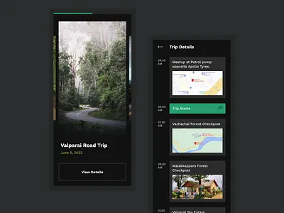 Road trip planner agenda android autolayout calendar carousel clean dailyui dark dark mode design figma material minimal plan road trip schedule simple ui ux