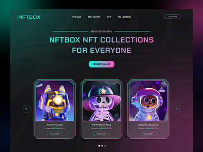 NFTBOX NFT COLLECTIONS FOR EVERYONE 3d bitcoin blockchain crypto design figma hero page home page design illustration landing page nft nftart ui ux