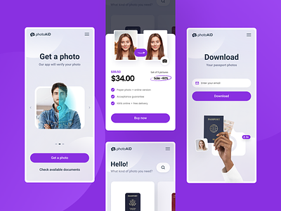 PhotoAid App app clean documents ios mobile modern passport photo ui ux violet