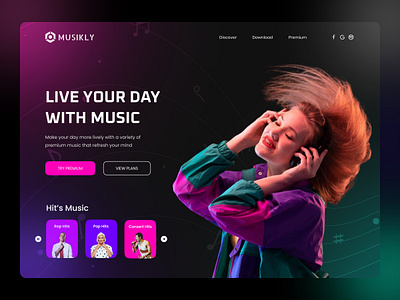 Music Streaming Web Landing Page Concept 3d animation best song design figma home page design instrument landing page live music music musically seo spotify ui user experience user interface ux web web design web development