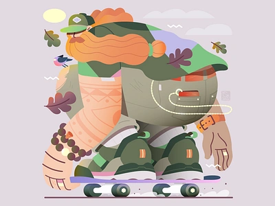 Skateboarding 🛹 In Autumn 🍂 autumn beard bird character fall fashion flat gaspart illustration leaf leaves nature ride skateboard skateboarder skateboarding sneakers speed tattoo vector