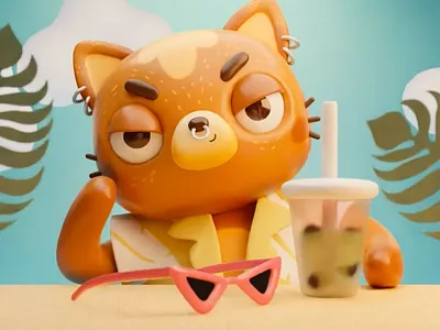 3D cat drinking Bubba tea 3d 3dillustration 3dmodel blender cat character character design illustration