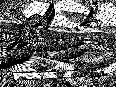 Mapledurham Hill bird digital folioart illustration landscape linocut nature wildlife