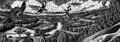 Mapledurham Hill bird digital folioart illustration landscape linocut nature wildlife