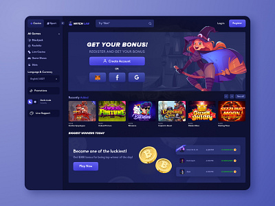 Witch Lab: Home Page app betting blackjack branding casino crypto dashboard design gamble game game interface interface log in nft roulette slots ui uiux website witch