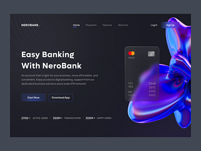 Mobile Banking Landing Page bank banking card credit card dark debit finance fintech glass home page landing page market money payment transactions trend ui uiux web website